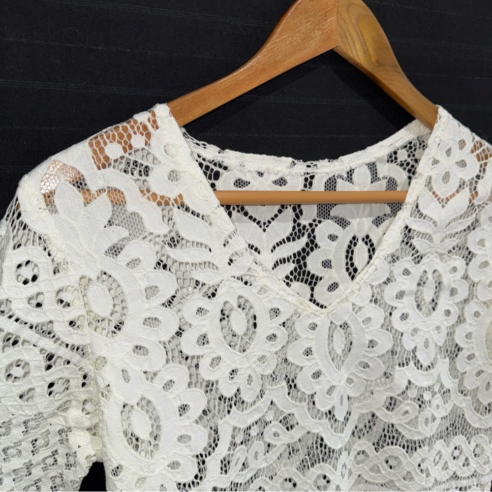 Open Crochet Lace Ivory Dress Beach Coverup V Neck Boho Hippie Festival - Picture 6 of 10